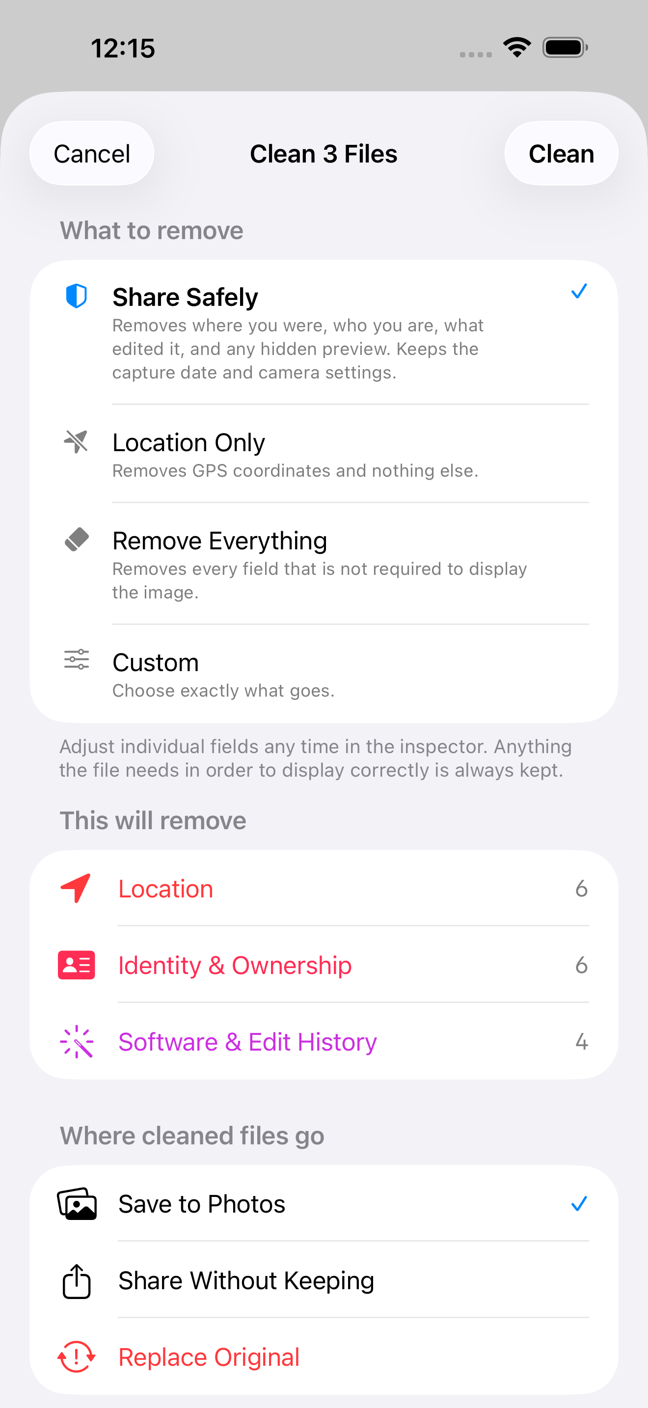 Scrubb's cleaning sheet on iPhone offering Share Safely, Location Only, Remove Everything and Custom, above a summary listing Location six fields, Identity and Ownership six fields, and Software and Edit History four fields.
