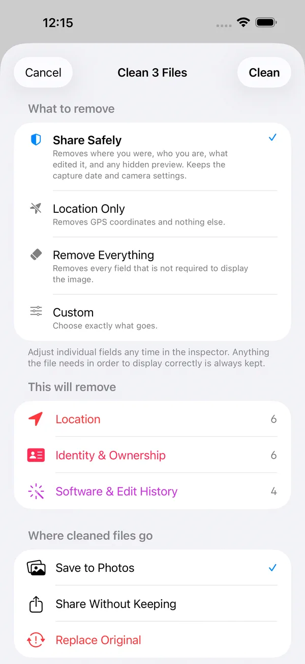Scrubb's cleaning sheet on iPhone offering Share Safely, Location Only, Remove Everything and Custom, above a summary listing Location six fields, Identity and Ownership six fields, and Software and Edit History four fields.