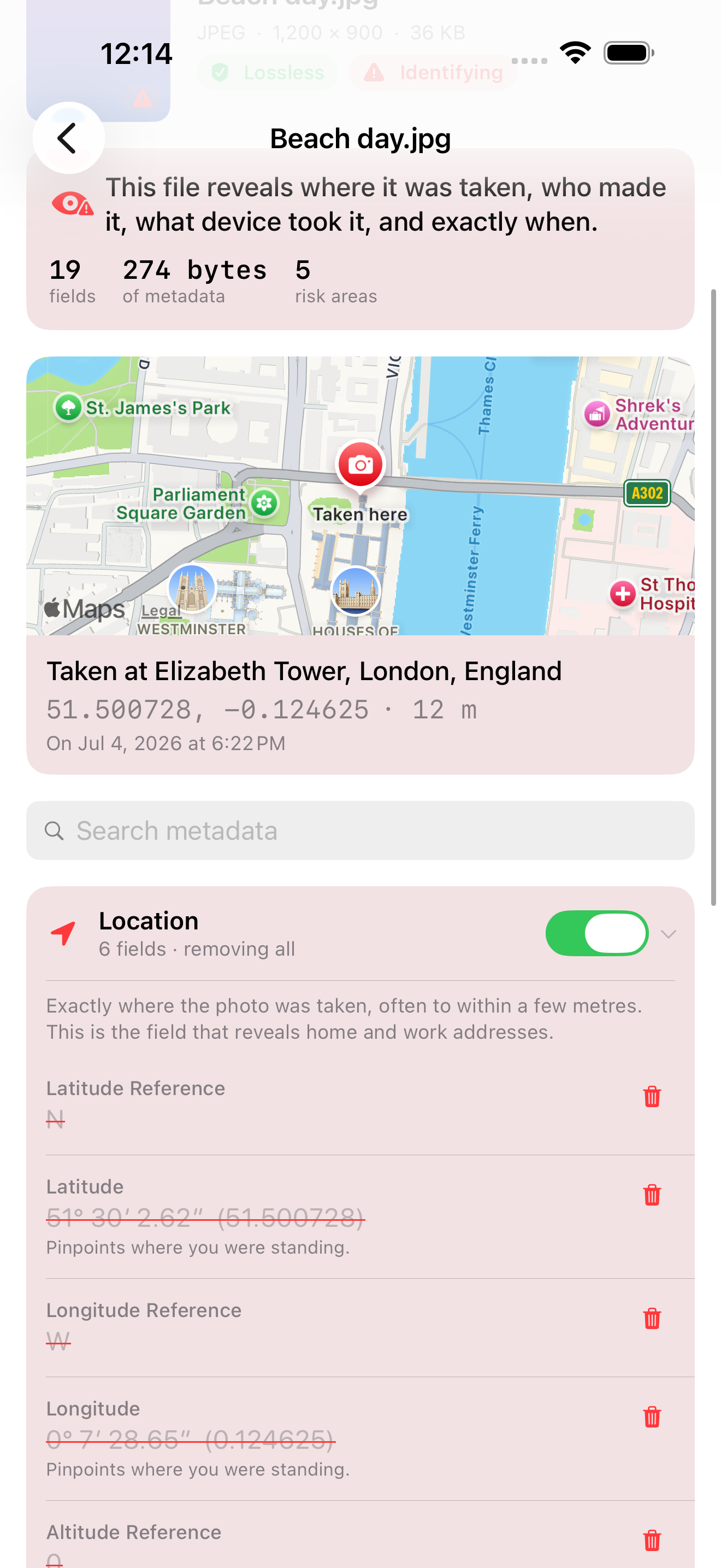 Scrubb's inspector scrolled to the Location section, where six fields including Latitude and Longitude show their real values struck through in red, each with a delete control, and a note reading Pinpoints where you were standing.