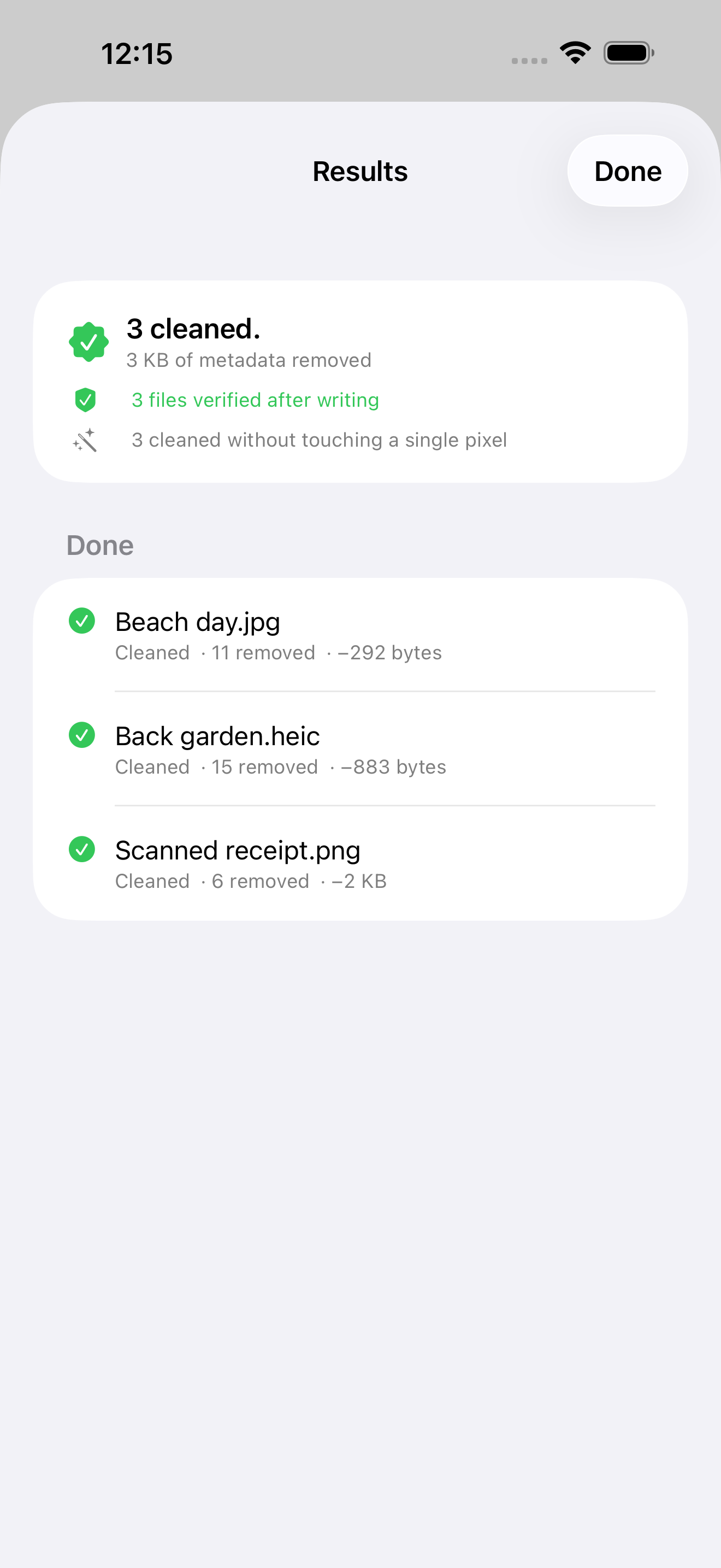Scrubb's results screen reading 3 cleaned, 3 KB of metadata removed, 3 files verified after writing, and 3 cleaned without touching a single pixel, above a per-file list.