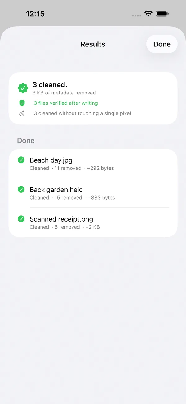 Scrubb's results screen reading 3 cleaned, 3 KB of metadata removed, 3 files verified after writing, and 3 cleaned without touching a single pixel, above a per-file list.